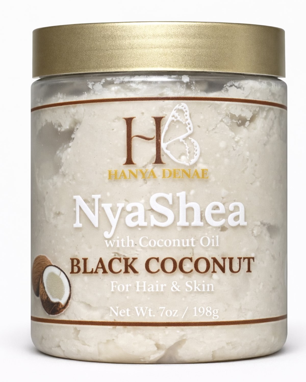 NyaShea Black Coconut whipped shea butter jar with gold lid for hair and skin